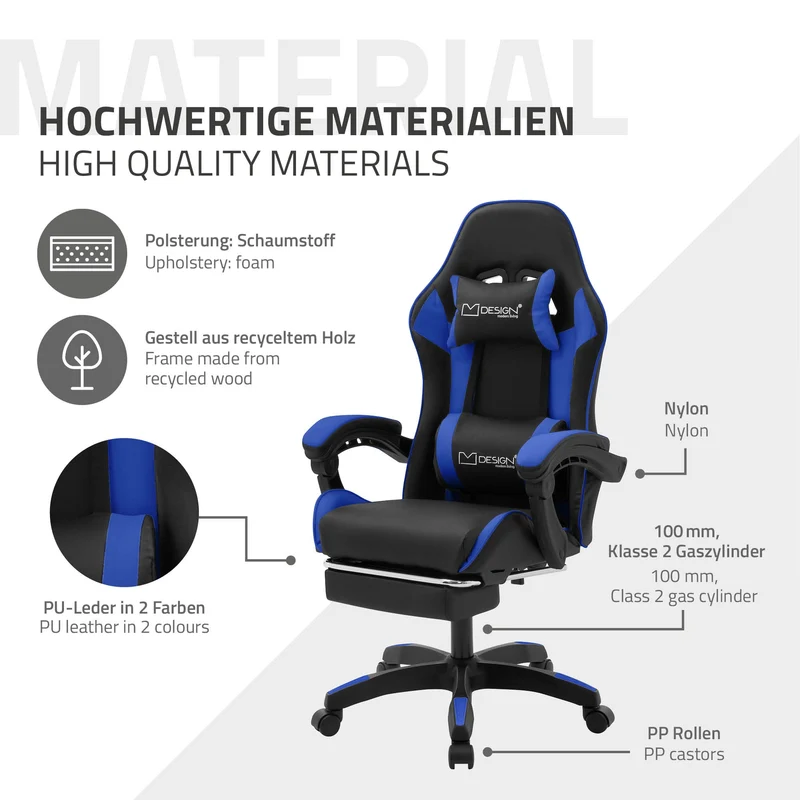 Gaming Stuhl mit Fußstütze und Armlehne Schwarz-Blau, aus Kunstleder ML-Design