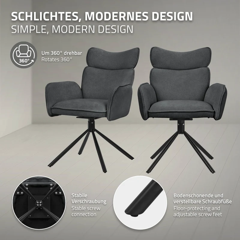 Esszimmerstuhl 2er Set drehbar Anthrazit mit Rücken- und Armlehne bis 120 kg ML-Design