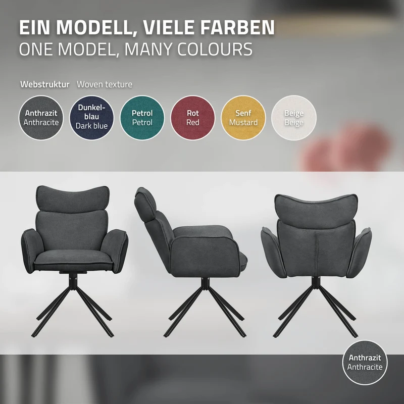 Esszimmerstuhl 2er Set drehbar Anthrazit mit Rücken- und Armlehne bis 120 kg ML-Design