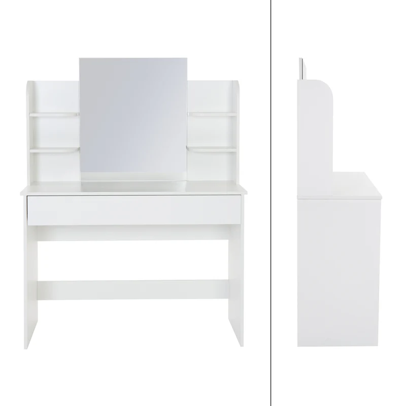Schminktisch Frisiertisch 108x40x140 cm in Weiß mit Spiegel, Schublade und 6 Ablagen ML-Design