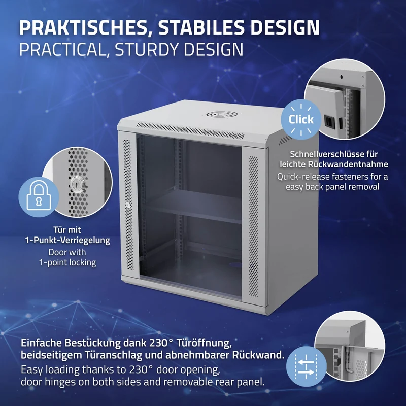 B-Ware Netzwerkschrank 12 HE 19 Zoll Grau 600 x 635 x 450 mm voll montiert Traglast 60 kg