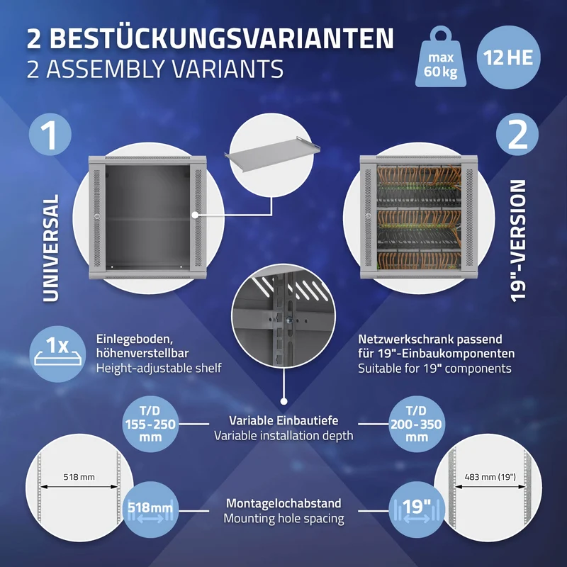 B-Ware Netzwerkschrank 12 HE 19 Zoll Grau 600 x 635 x 450 mm voll montiert Traglast 60 kg