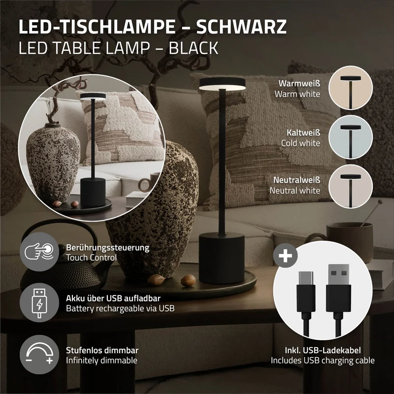 LED Tischlampe kabellos mit Touch, Schwarz Ø8x34,5cm Akku Tischleuchte USB-C ML-Design