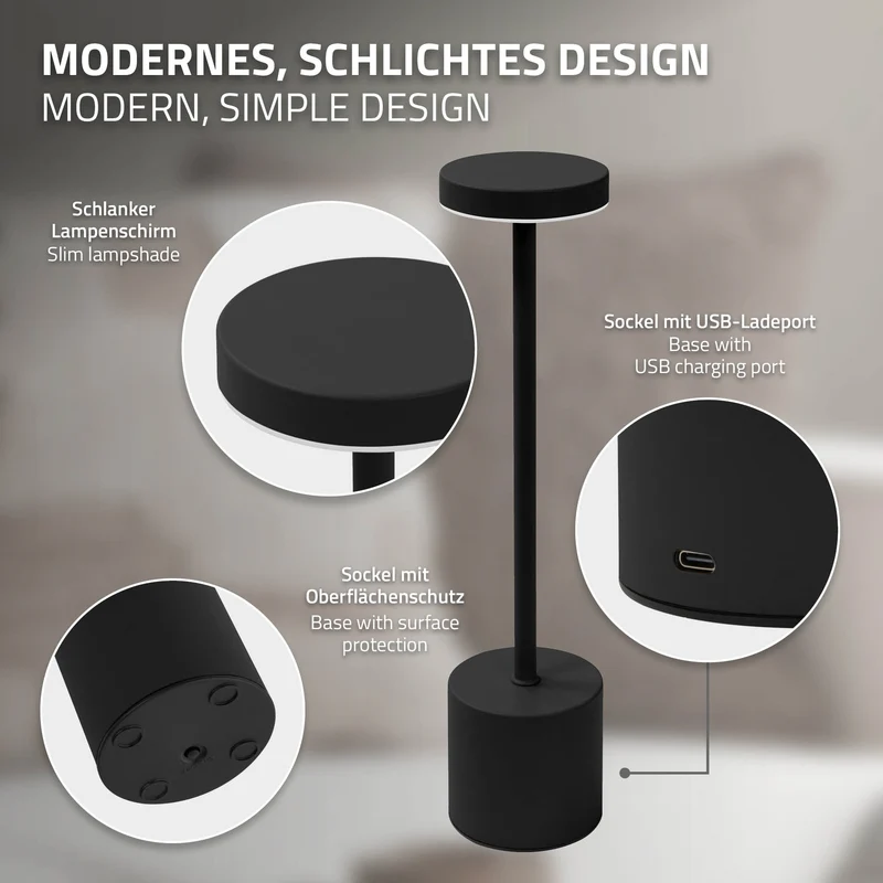 LED Tischlampe kabellos mit Touch, Schwarz Ø8x34,5cm Akku Tischleuchte USB-C ML-Design