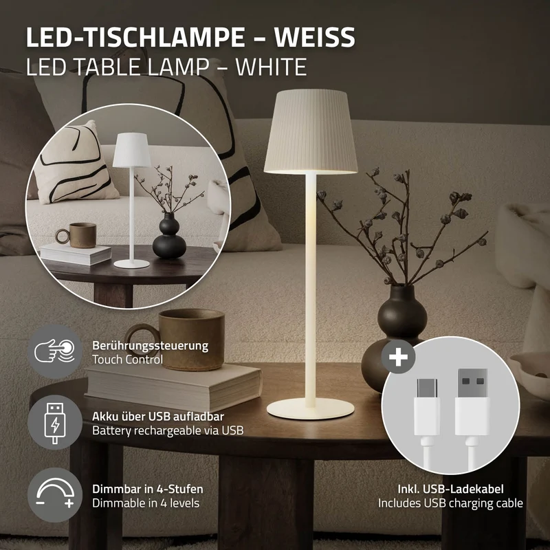 LED Tischlampe kabellos mit Touch, Weiß, Ø10x36 cm, Akku Tischleuchte USB-C ML-Design