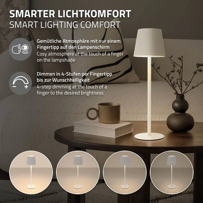 LED Tischlampe kabellos mit Touch, Weiß, Ø10x36 cm, Akku Tischleuchte USB-C ML-Design