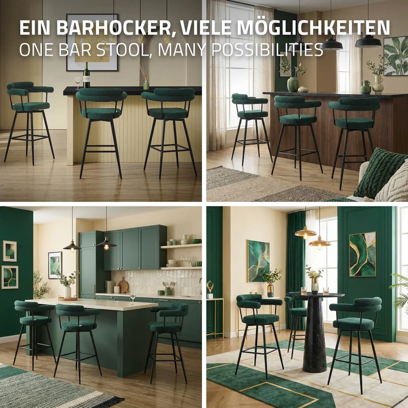 4er Set Barhocker 360° drehbar Dunkelgrün 61x103x55 cm mit Arm-, Rückenlehne und Fußstütze bis 120 kg ML-Design