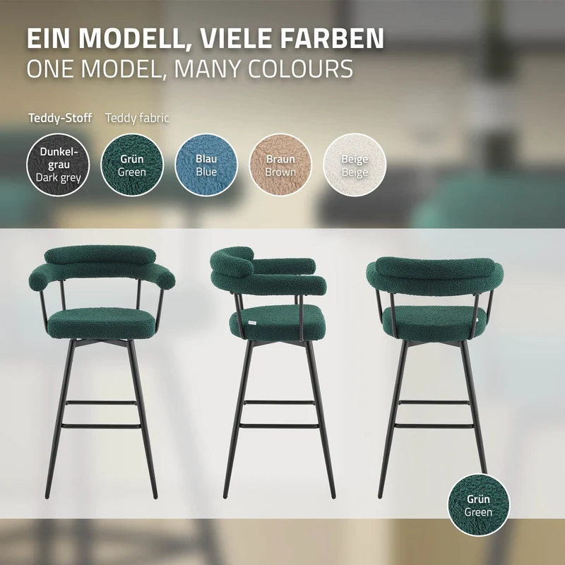 4er Set Barhocker 360° drehbar Dunkelgrün 61x103x55 cm mit Arm-, Rückenlehne und Fußstütze bis 120 kg ML-Design