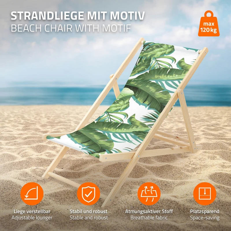3er Set Gartenliege aus Holz in Tropical Grün-Weiß klappbarer Beachstuhl Strandstuhl Strandliege Liegestuhl Sonnenliege Relaxliege