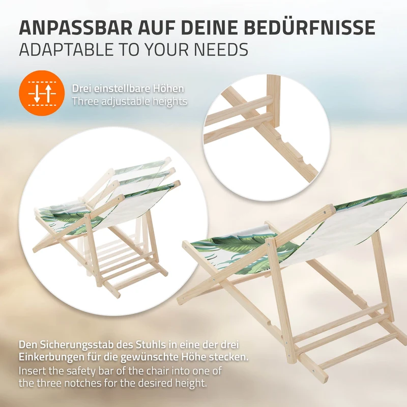 3er Set Gartenliege aus Holz in Tropical Grün-Weiß klappbarer Beachstuhl Strandstuhl Strandliege Liegestuhl Sonnenliege Relaxliege