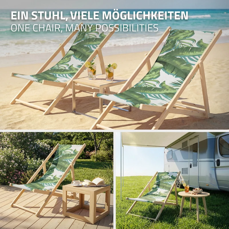 3er Set Gartenliege aus Holz in Tropical Grün-Weiß klappbarer Beachstuhl Strandstuhl Strandliege Liegestuhl Sonnenliege Relaxliege