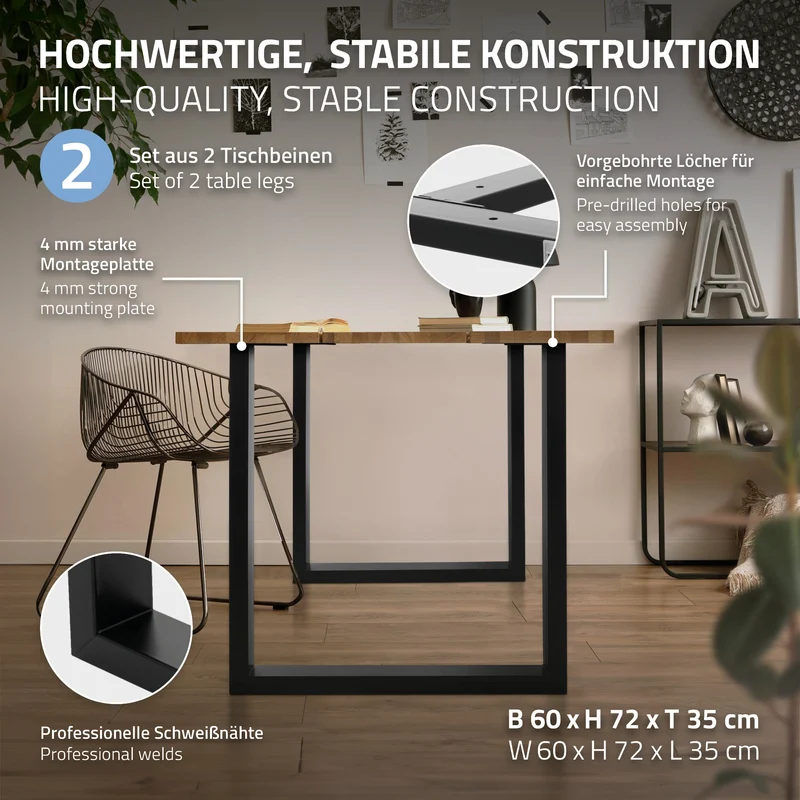 2er Set Tischgestell B70xH74 cm in U-Form Metall Schwarz ML-Design