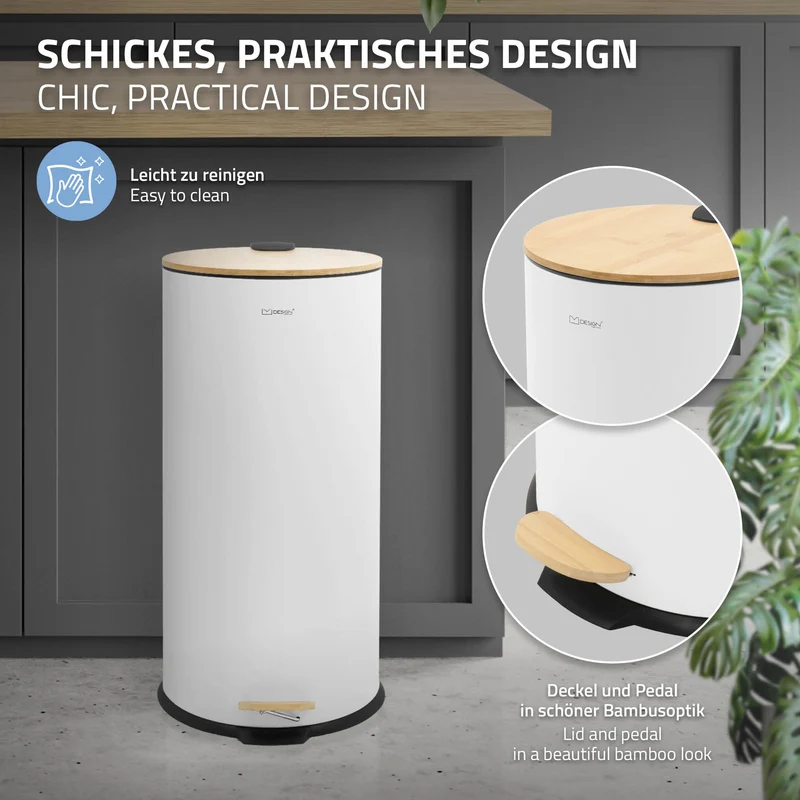 Mülleimer 30L rund mit Fußpedal, Weiß, Stahl, Treteimer mit Bambusdeckel Softclose ML-Design