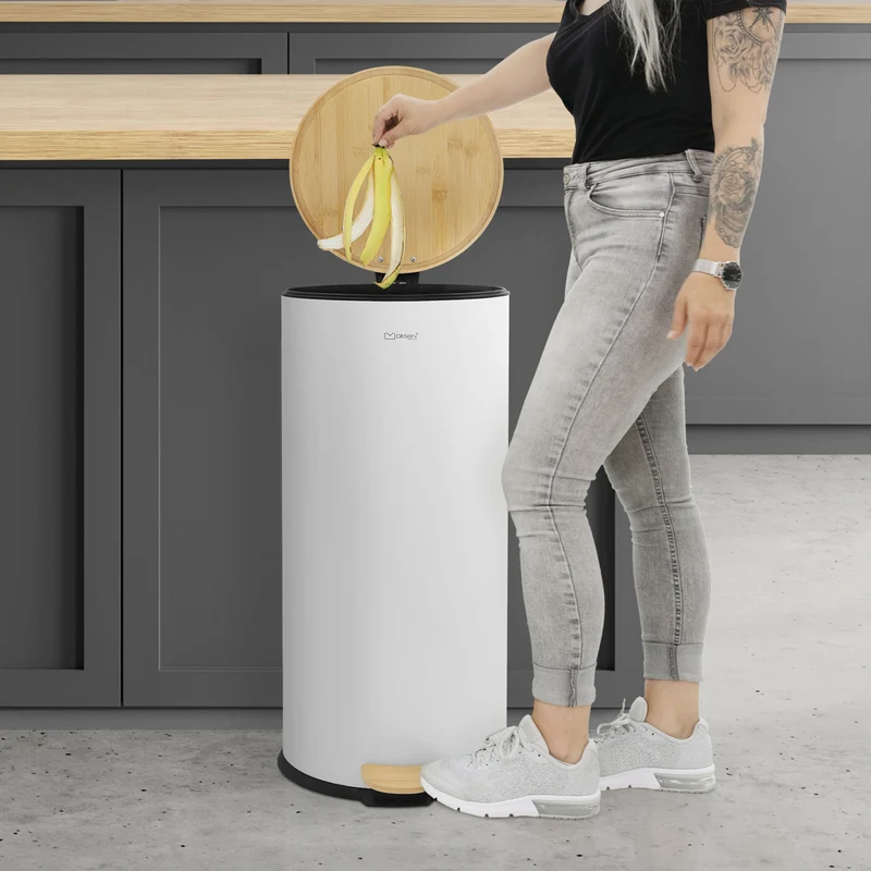 Mülleimer 30L rund mit Fußpedal, Weiß, Stahl, Treteimer mit Bambusdeckel Softclose ML-Design