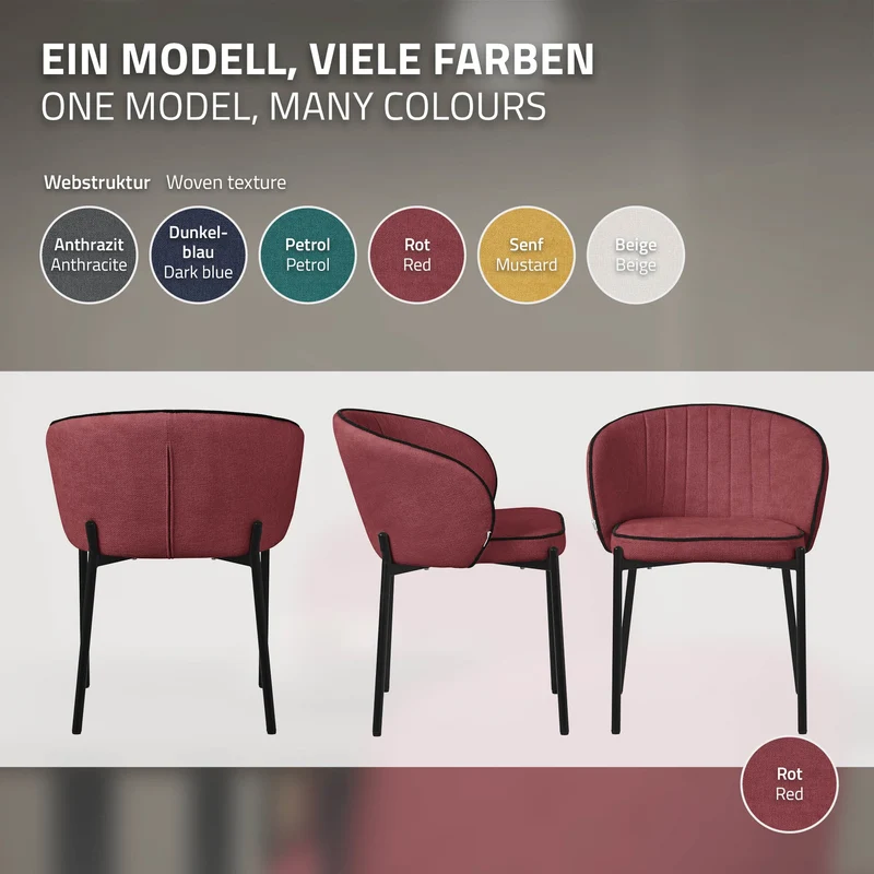 2er Set Esszimmerstühle mit Rücken- & Armlehne Rot mit Metallbeinen bis 120 kg ML-Design