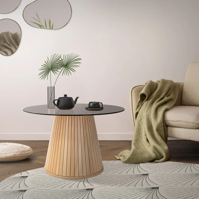 Couchtisch mit Glasplatte Ø80x50 cm Holz-Optik Braun Runder Wohnzimmertisch ML-Design