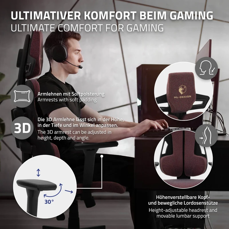 Gaming Stuhl mit Armlehne, Kopfstütze und Lordosenstütze Rot, aus Stoff ML-Design