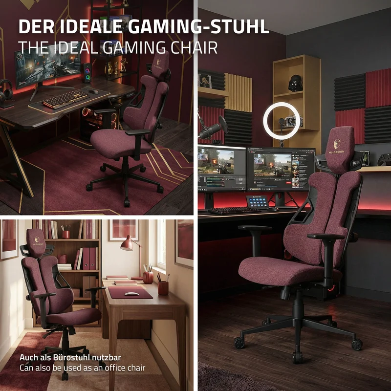 Gaming Stuhl mit Armlehne, Kopfstütze und Lordosenstütze Rot, aus Stoff ML-Design