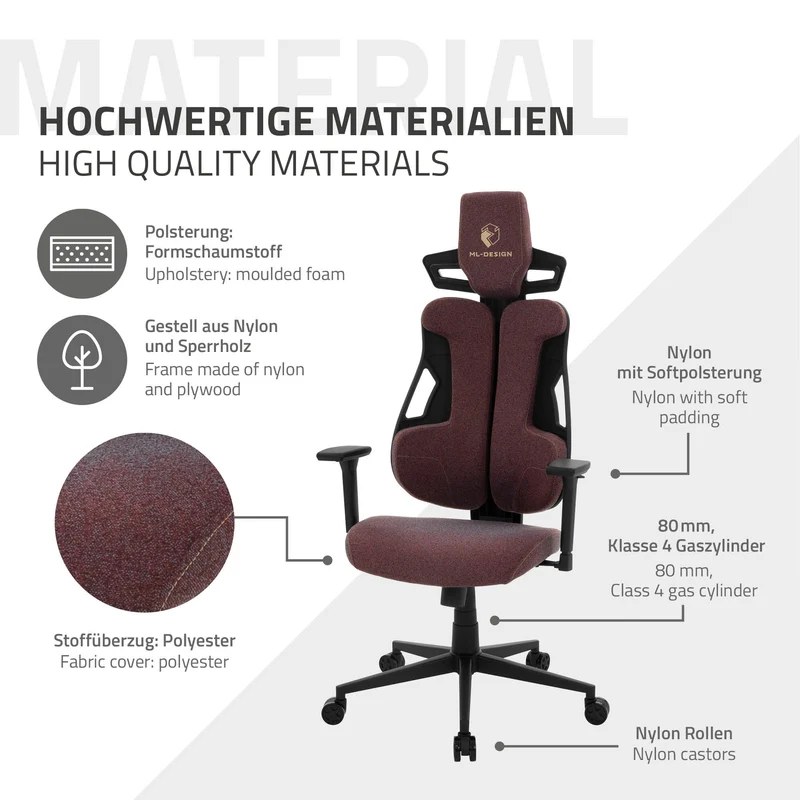 Gaming Stuhl mit Armlehne, Kopfstütze und Lordosenstütze Rot, aus Stoff ML-Design
