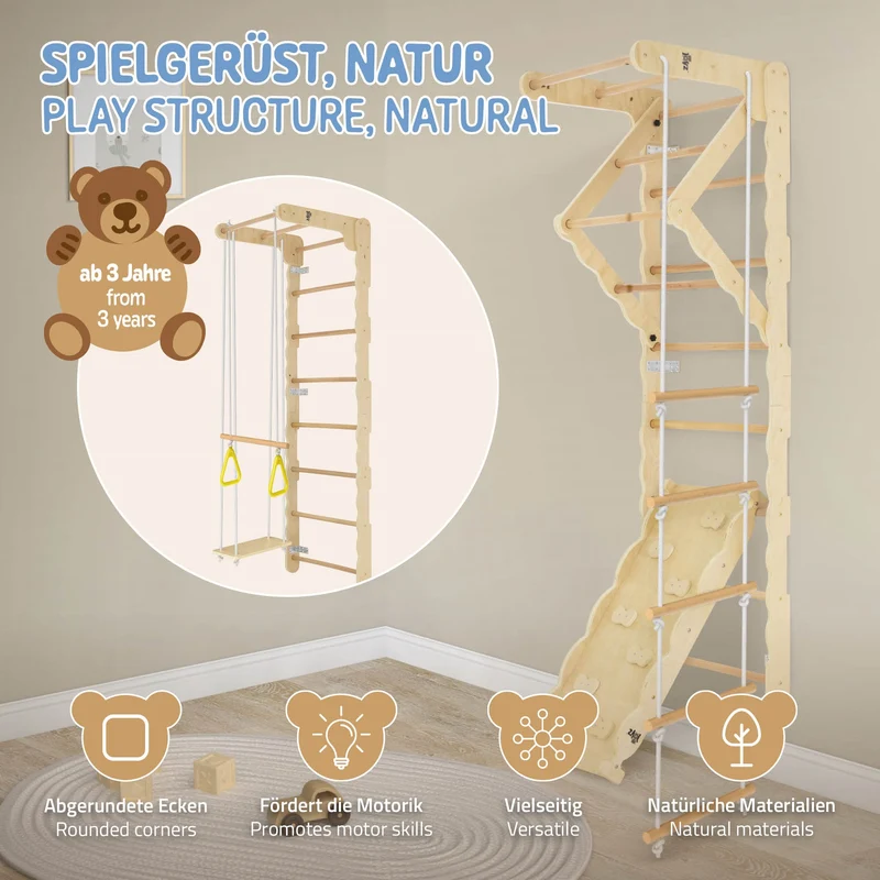 B-Ware Klettergerüst Indoor Sprossenwand für Kinder aus Holz mit Turnringen, Strickleiter, Rutschbrett 6 in 1 ab 3 Jahren