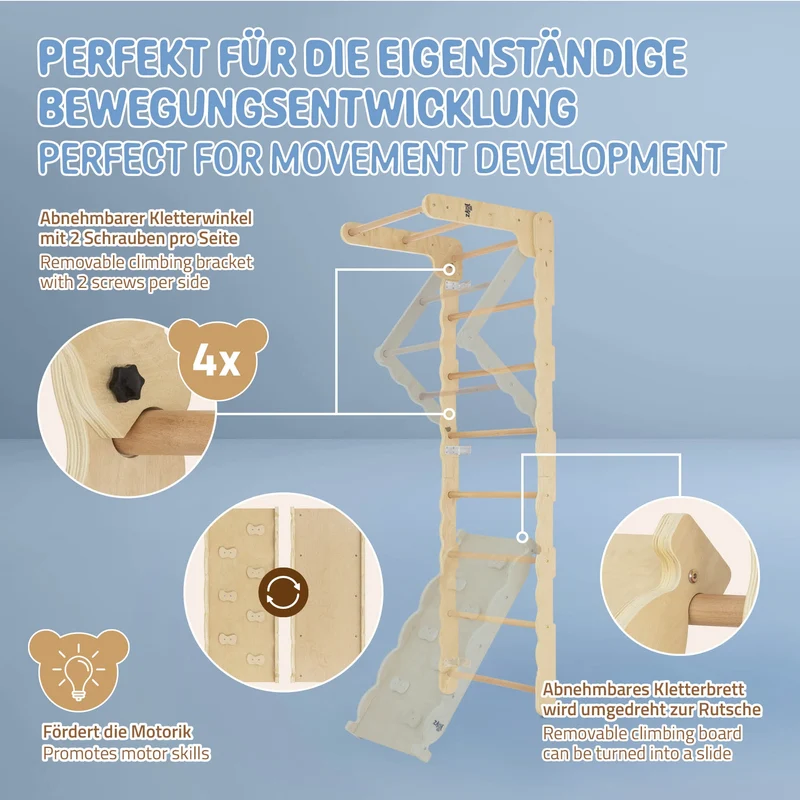 B-Ware Klettergerüst Indoor Sprossenwand für Kinder aus Holz mit Turnringen, Strickleiter, Rutschbrett 6 in 1 ab 3 Jahren