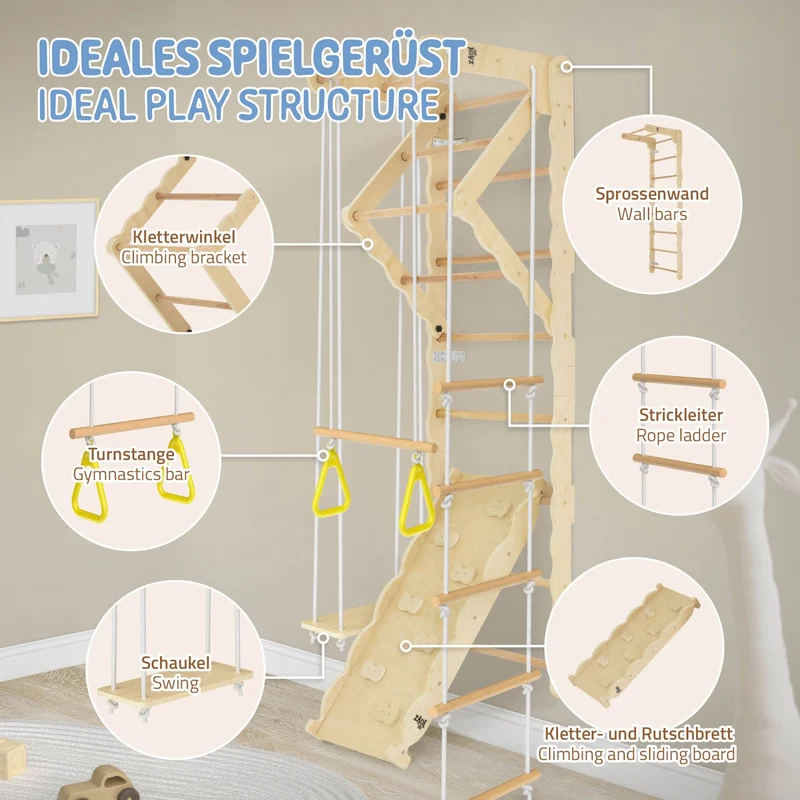 B-Ware Klettergerüst Indoor Sprossenwand für Kinder aus Holz mit Turnringen, Strickleiter, Rutschbrett 6 in 1 ab 3 Jahren