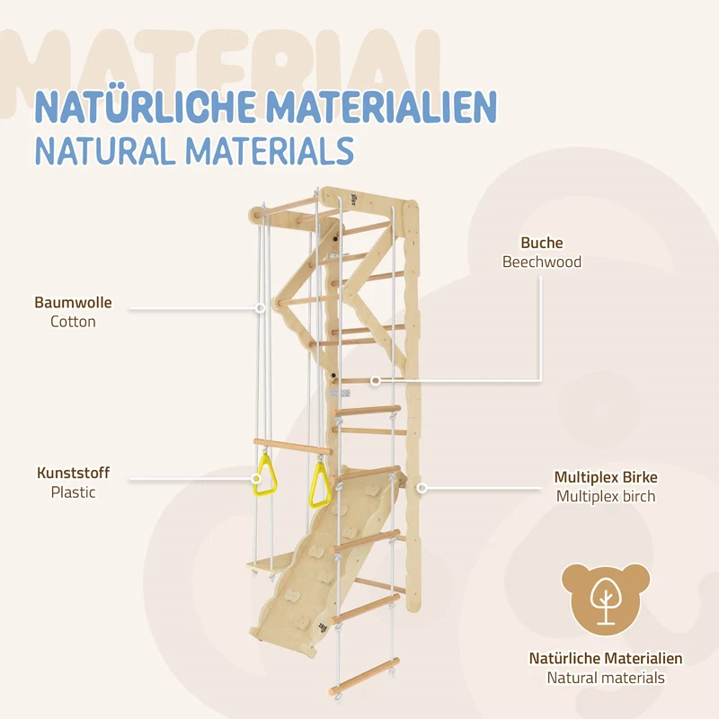 B-Ware Klettergerüst Indoor Sprossenwand für Kinder aus Holz mit Turnringen, Strickleiter, Rutschbrett 6 in 1 ab 3 Jahren
