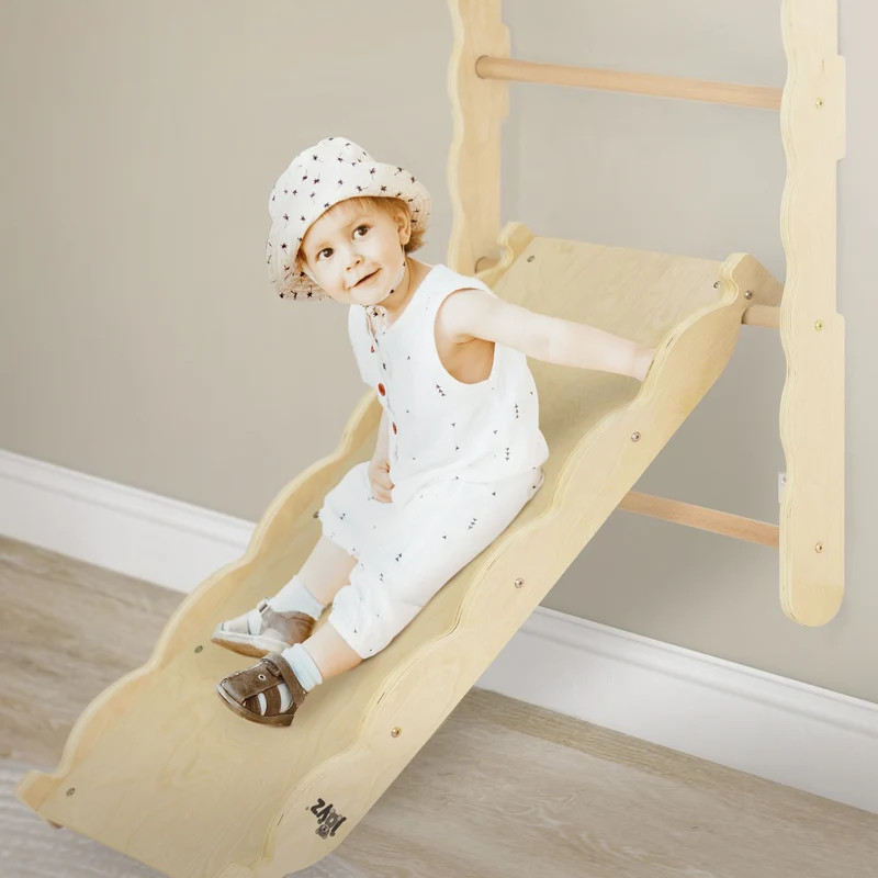 B-Ware Klettergerüst Indoor Sprossenwand für Kinder aus Holz mit Turnringen, Strickleiter, Rutschbrett 6 in 1 ab 3 Jahren