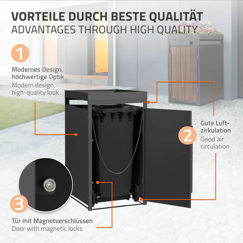 Mülltonnenbox mit Pflanzdach 1er bis 240 Liter 68x80x124 cm aus Stahl in Anthrazit-Eiche dunkel ML-Design