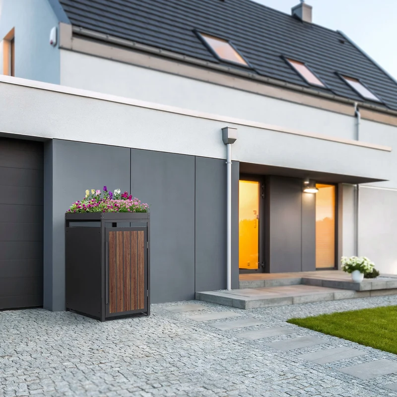 Mülltonnenbox mit Pflanzdach 1er bis 240 Liter 68x80x124 cm aus Stahl in Anthrazit-Eiche dunkel ML-Design