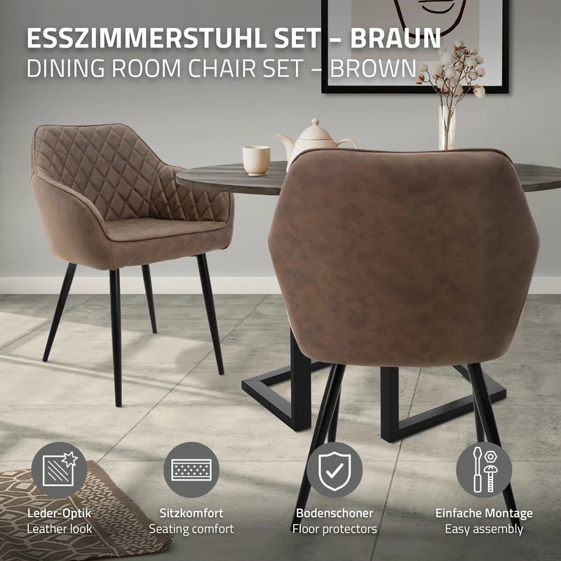 B-Ware Esszimmerstuhl 2er Set Rauten Steppung Braun Kunstlederbezug mit Metallbeinen & Armlehne inkl. Montagematerial ML-Design