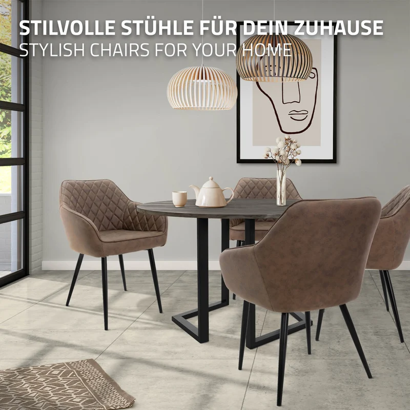 B-Ware Esszimmerstuhl 2er Set Rauten Steppung Braun Kunstlederbezug mit Metallbeinen & Armlehne inkl. Montagematerial ML-Design