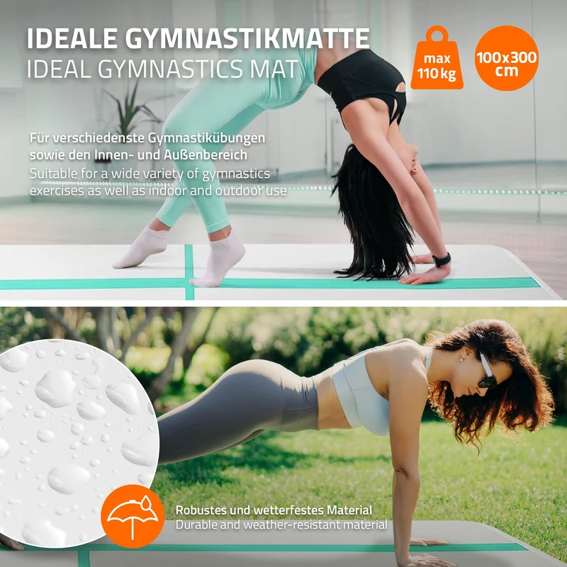 Aufblasbare Gymnastikmatte Turnmatte Airtrack 3m, Grün-Mint, 10cm Dicke, inkl. Tragetasche & elektr. Luftpumpe
