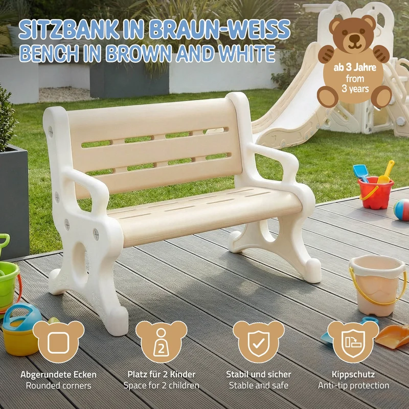 Kindersitzbank Outdoor aus Kunststoff, Sitzbank für Kinder ab 3 Jahre, 81,5x59,5x48 cm Braun-Weiß, Kinderbank Joyz