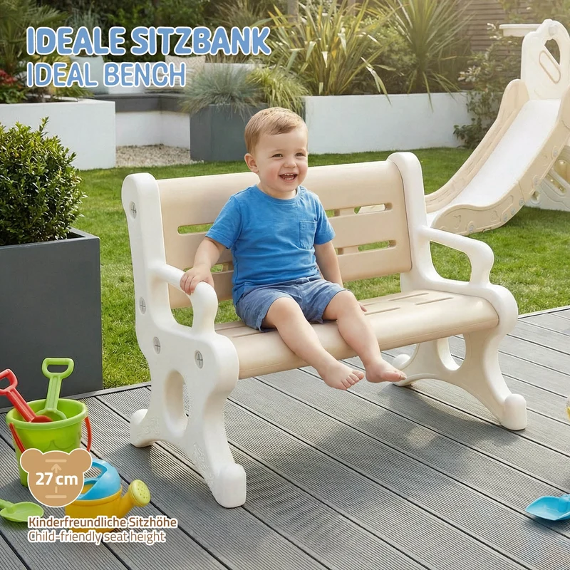 Kindersitzbank Outdoor aus Kunststoff, Sitzbank für Kinder ab 3 Jahre, 81,5x59,5x48 cm Braun-Weiß, Kinderbank Joyz
