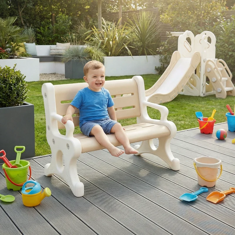 Kindersitzbank Outdoor aus Kunststoff, Sitzbank für Kinder ab 3 Jahre, 81,5x59,5x48 cm Braun-Weiß, Kinderbank Joyz