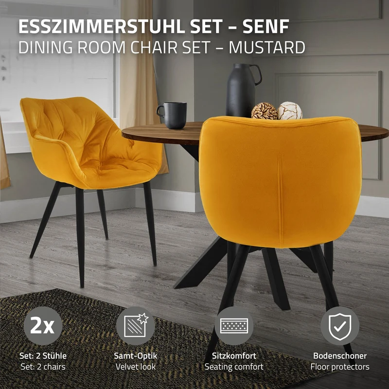 Esszimmerstuhl 2er Set mit Rücken- und Armlehnen Senfgelb Küchenstuhl mit Microfaser-Samtbezug ML-Design