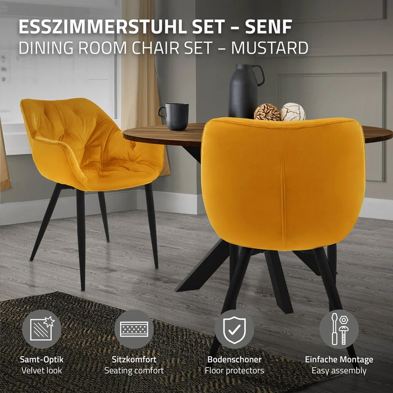 Esszimmerstuhl 2er Set mit Rücken- und Armlehnen Senfgelb Küchenstuhl mit Microfaser-Samtbezug ML-Design