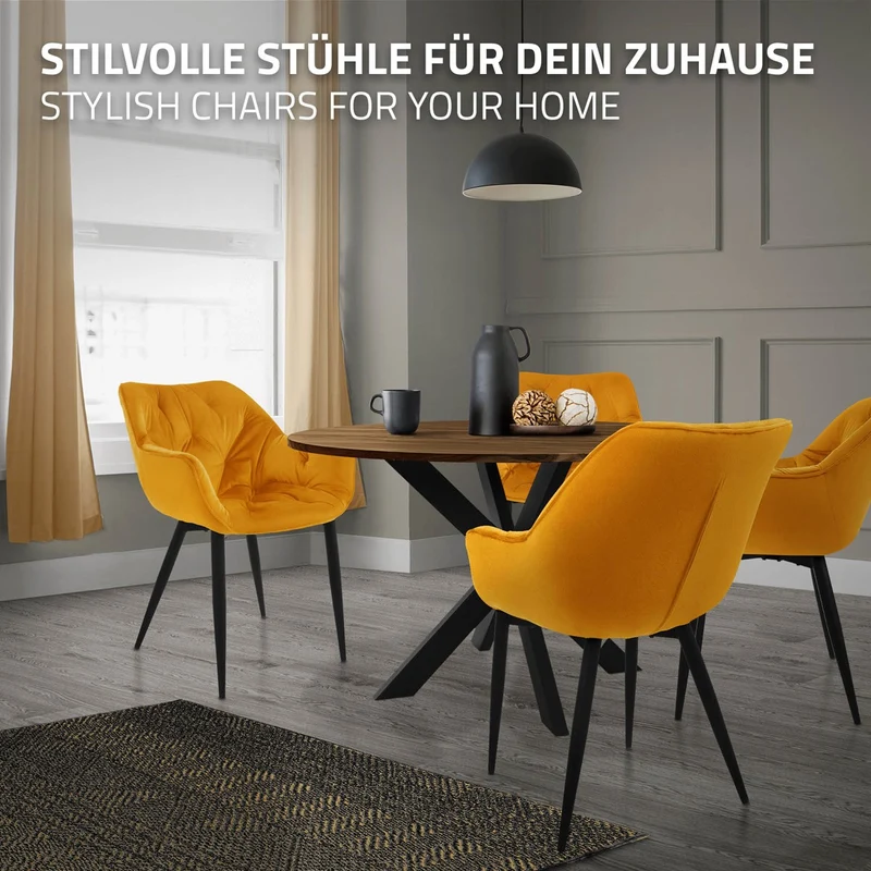 Esszimmerstuhl 2er Set mit Rücken- und Armlehnen Senfgelb Küchenstuhl mit Microfaser-Samtbezug ML-Design