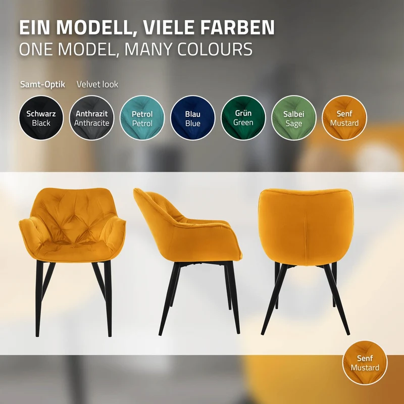 Esszimmerstuhl 2er Set mit Rücken- und Armlehnen Senfgelb Küchenstuhl mit Microfaser-Samtbezug ML-Design