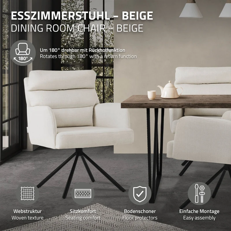 Esszimmerstuhl 4er Set Beige drehbar mit abnehmbaren Rückenkissen gepolstert bis 120 Kilogramm