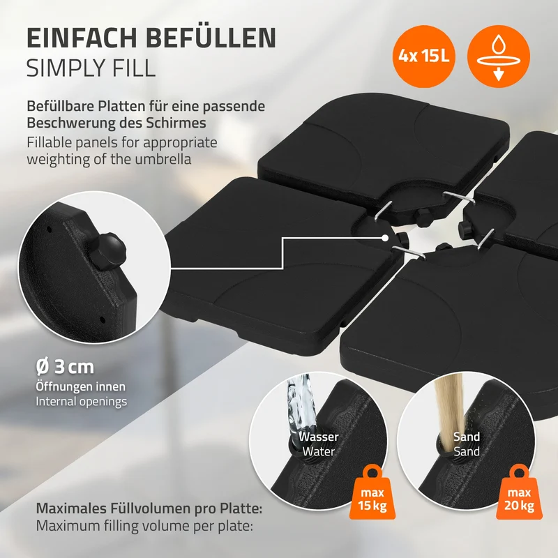 Sonnenschirmständer 4-teilig, Schwarz Schirmgewicht, Gewichtsplatten für Ampelschirmständer befüllbar mit 60 Liter Wasser/80kg Sand ML-Design