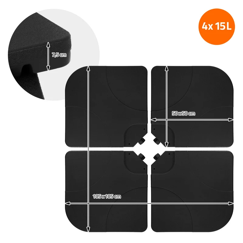 Sonnenschirmständer 4-teilig, Schwarz Schirmgewicht, Gewichtsplatten für Ampelschirmständer befüllbar mit 60 Liter Wasser/80kg Sand ML-Design