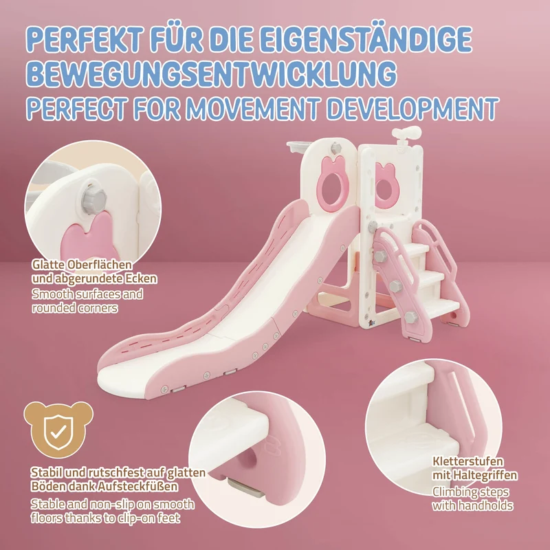 Kinder Spielturm Rosa-Weiß 3in1mit Rutsche, Basketballkorb und Kletterwand Indoor/Outdoor ab 3 Jahren Joyz