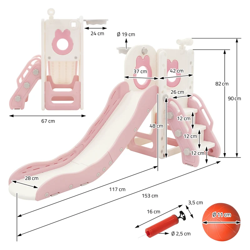 Kinder Spielturm Rosa-Weiß 3in1mit Rutsche, Basketballkorb und Kletterwand Indoor/Outdoor ab 3 Jahren Joyz