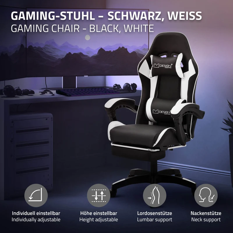 Gaming Stuhl mit Fußstütze und Armlehne Schwarz-Weiß, aus Kunstleder ML-Design