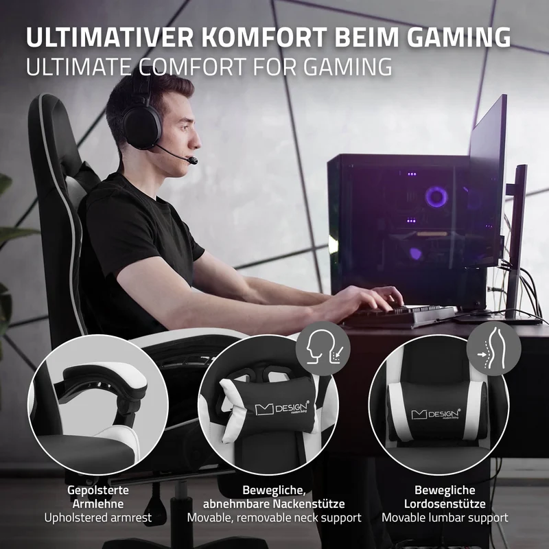 Gaming Stuhl mit Fußstütze und Armlehne Schwarz-Weiß, aus Kunstleder ML-Design