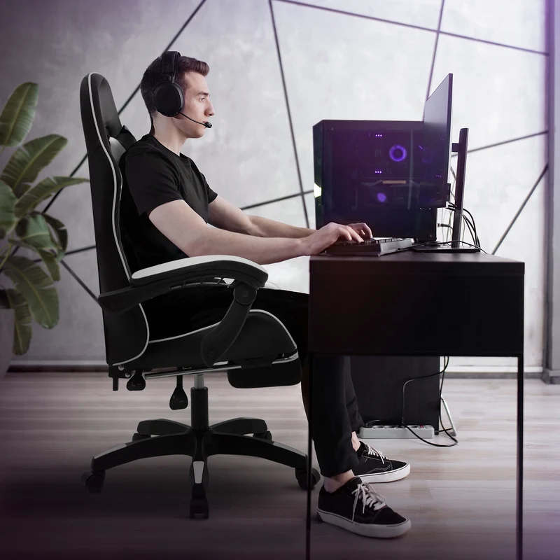 Gaming Stuhl mit Fußstütze und Armlehne Schwarz-Weiß, aus Kunstleder ML-Design