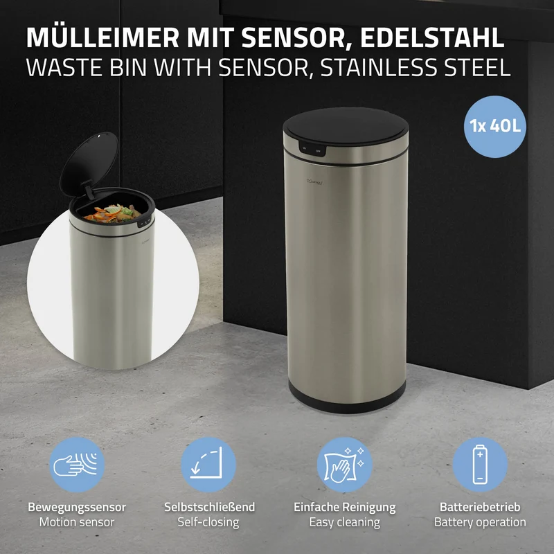 Mülleimer mit Sensor 40L rund aus Edelstahl, Silber, Automatisches Öffnen & Schließen ML-Design