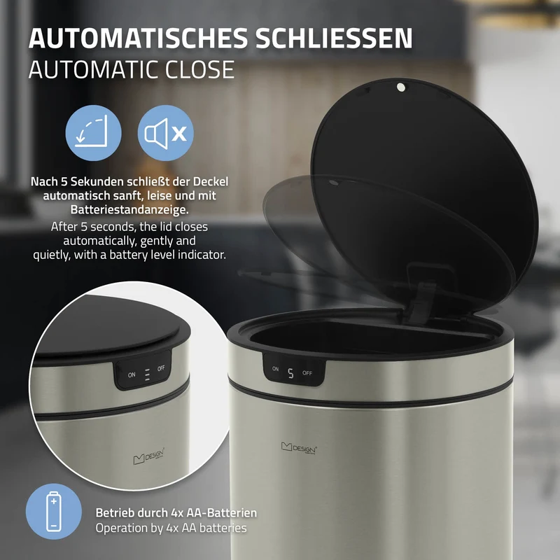 Mülleimer mit Sensor 40L rund aus Edelstahl, Silber, Automatisches Öffnen & Schließen ML-Design